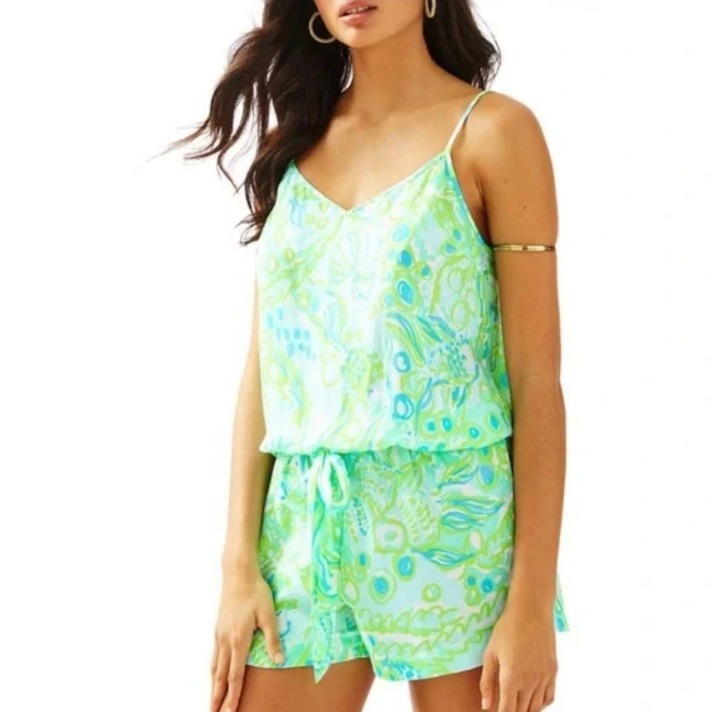 Lilly Pulitzer Green & Blue Deanna Romper Any Fins Possible Size XSmall …